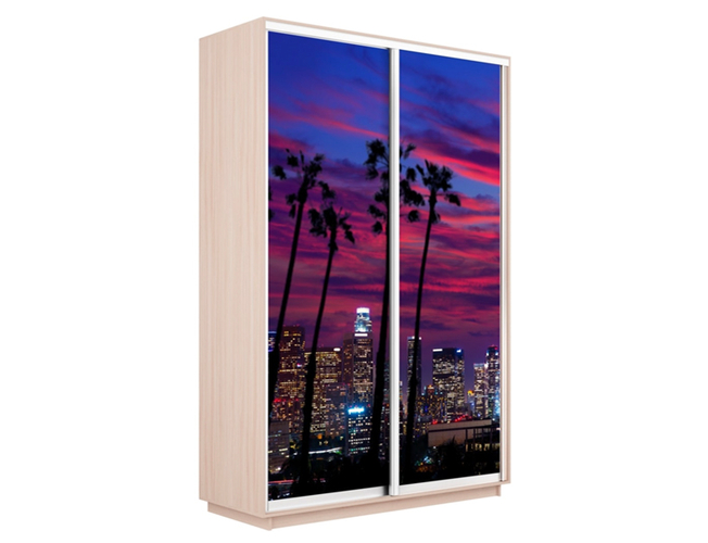 Шкаф-купе Экспресс 2-х дверный (Фото №1014 Закат над городом), Дуб молочный