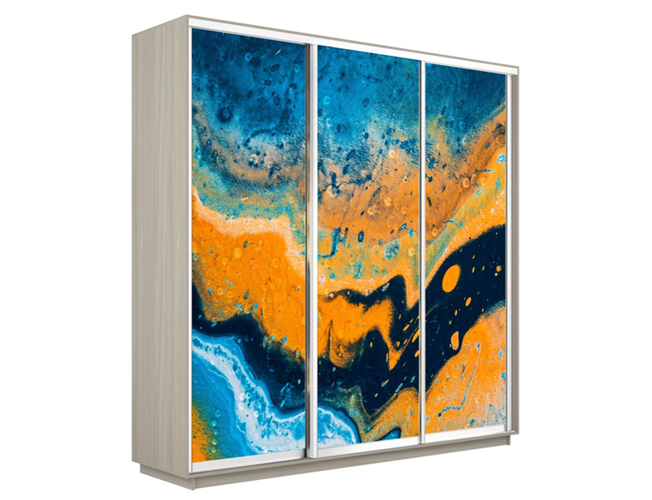 Шкаф-купе Экспресс 3-х дверный (Фото №1006 Абстракция оранжево-голубая), Ясень Шимо светлый